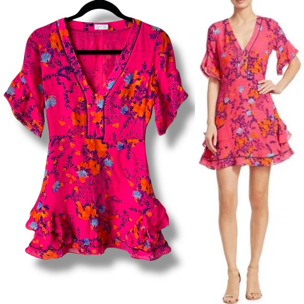 TANYA TAYLOR Kayla Dress Falling Floral Flower Ruffle Silk Event Hot Pink Size 0 - Picture 16 of 16
